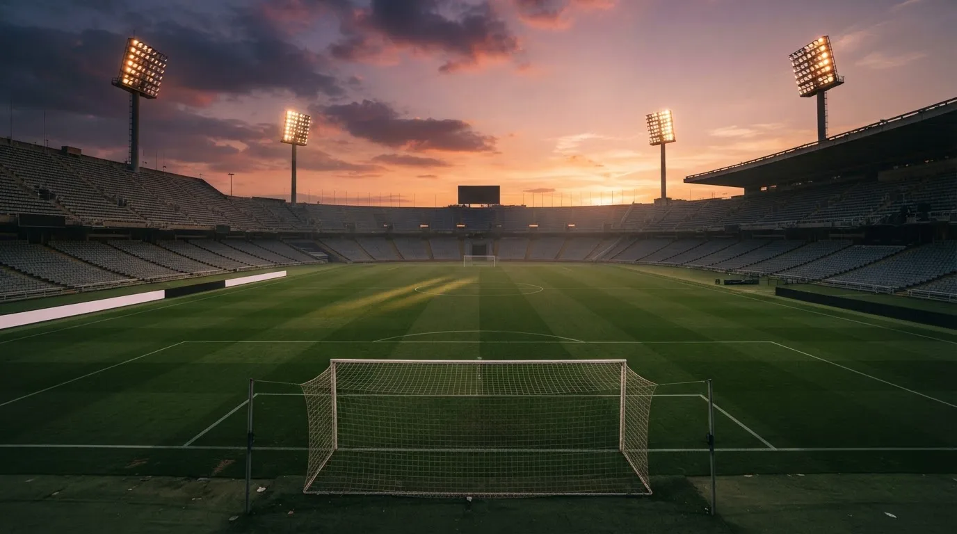 Un estadio de fútbol vacío con torres de iluminación al atardecer