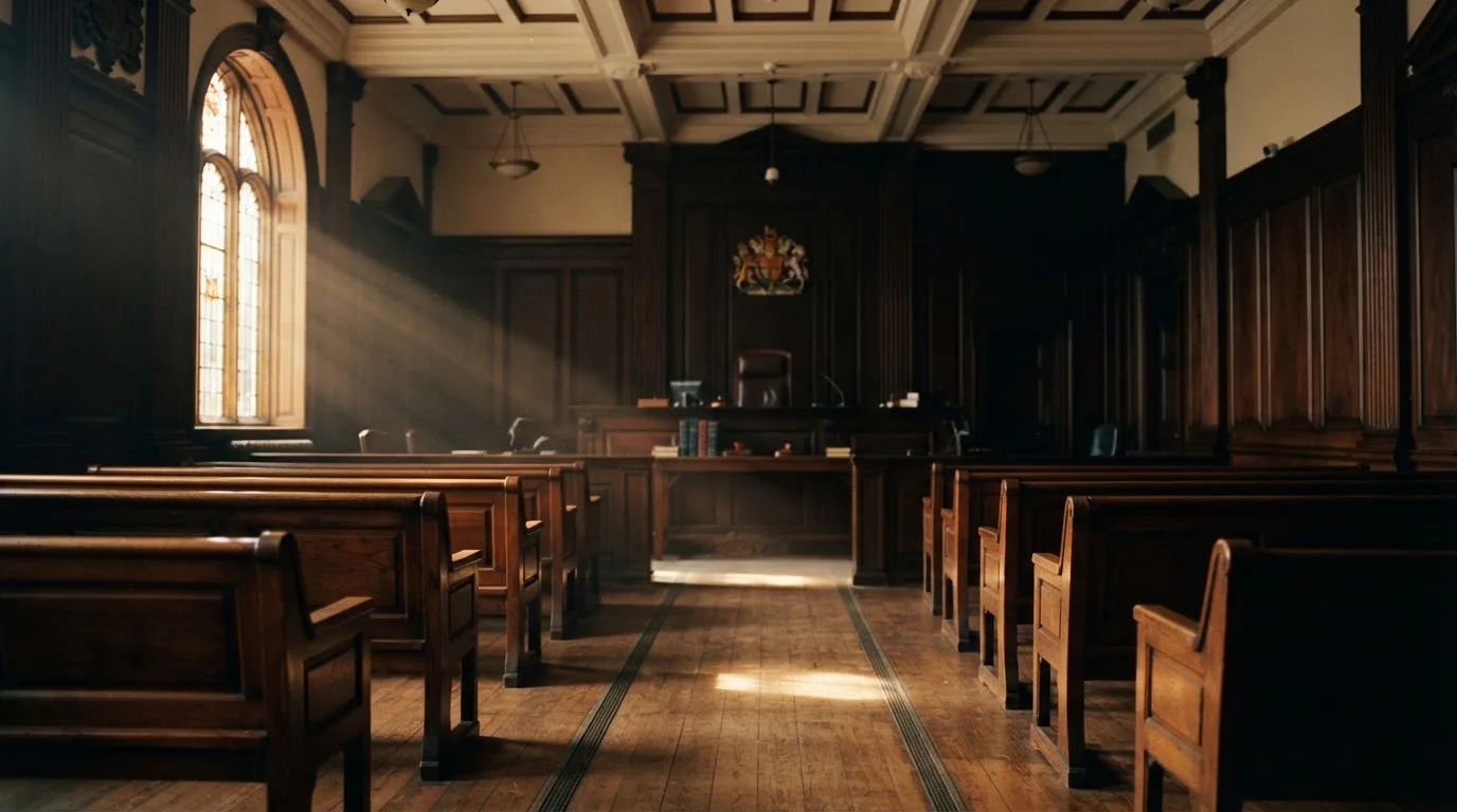 Una sala de tribunal vacía con bancos de madera a la luz de la mañana