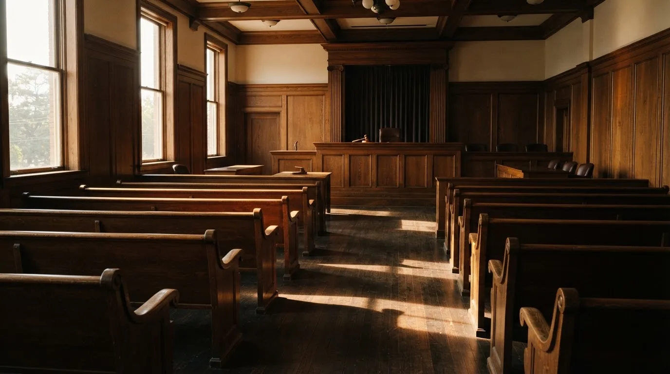 Una sala de tribunal vacía con bancos de madera a la luz de la mañana