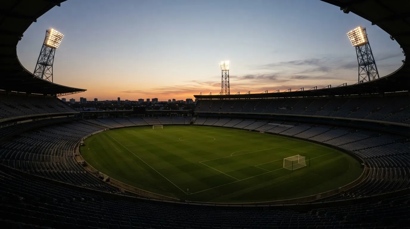 Un estadio de fútbol vacío con torres de iluminación al atardecer