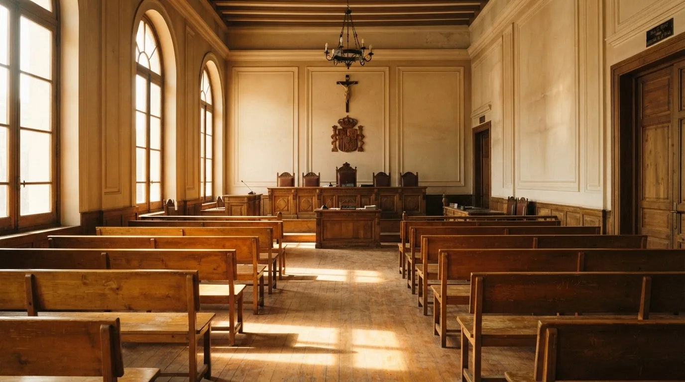 Una sala de tribunal vacía con bancos de madera a la luz de la mañana