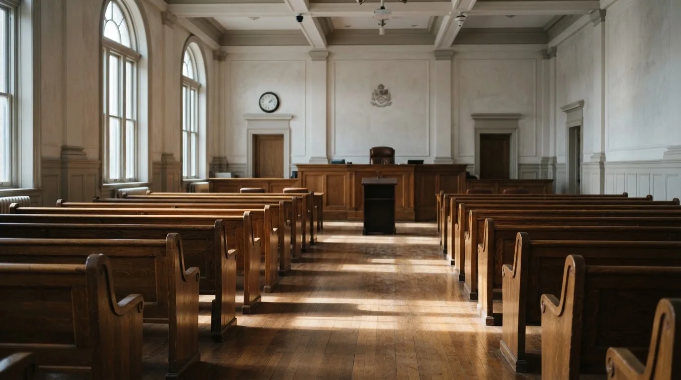 Una sala de tribunal vacía con bancos de madera a la luz de la mañana