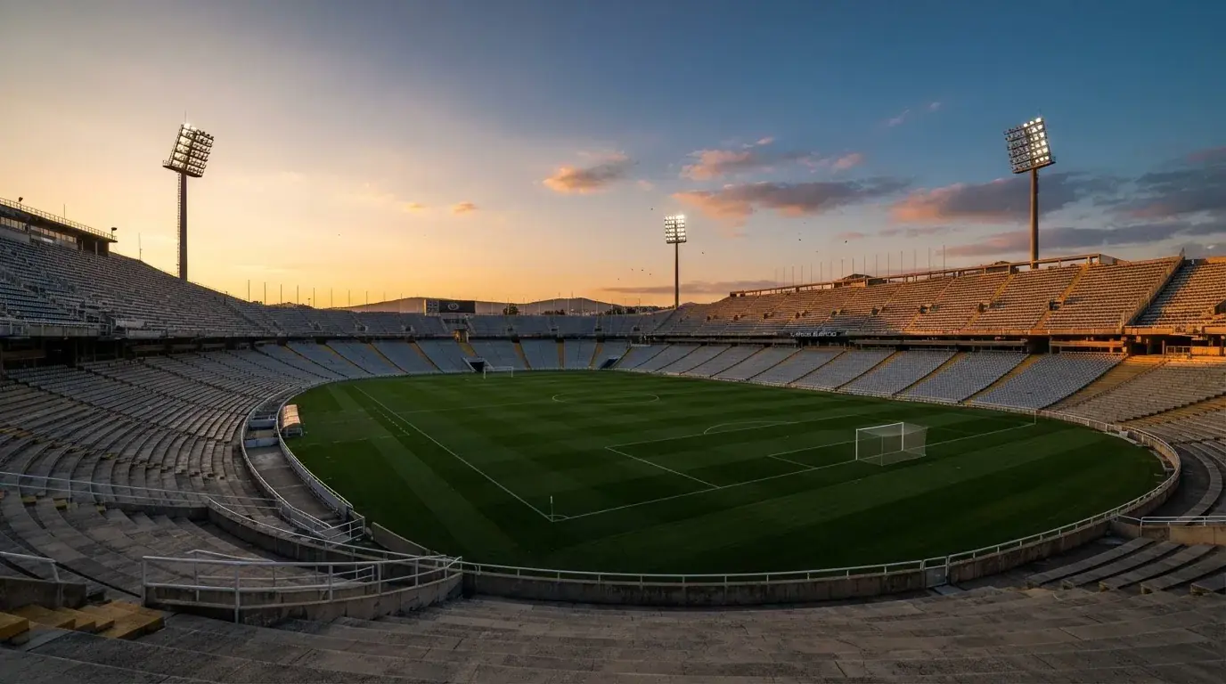 Un estadio de fútbol vacío con torres de iluminación al atardecer