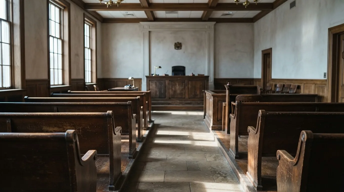 Una sala de tribunal vacía con bancos de madera a la luz de la mañana