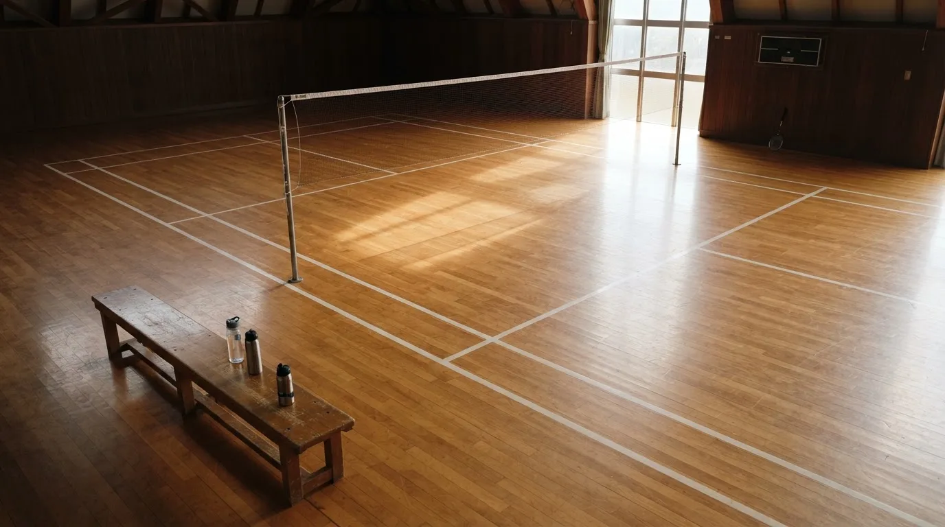 Una sala de tribunal vacía con bancos de madera a la luz de la mañana