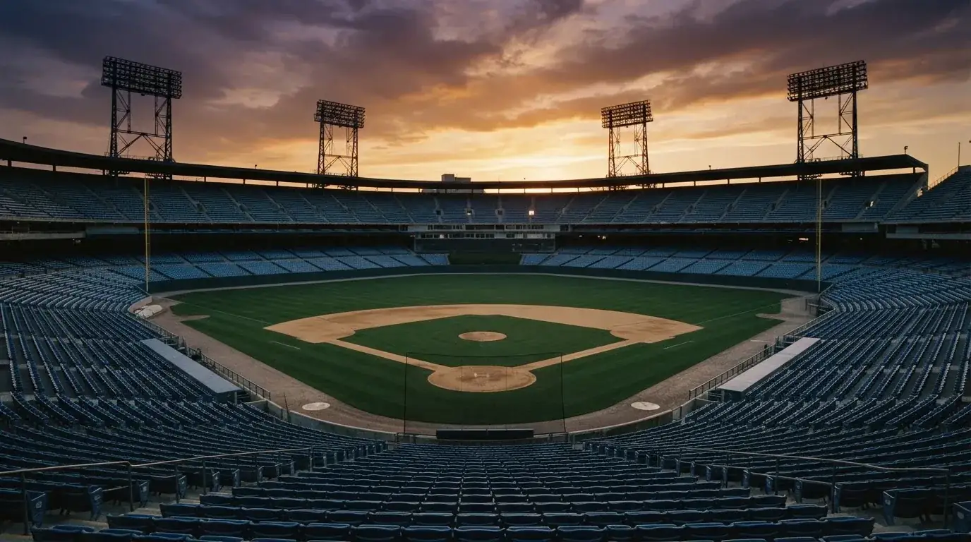 Un estadio de fútbol vacío con torres de iluminación al atardecer