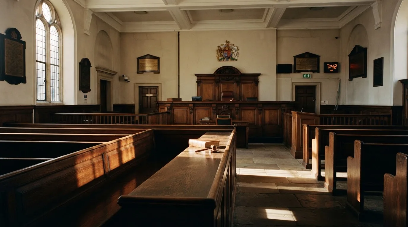 Una sala de tribunal vacía con bancos de madera a la luz de la mañana