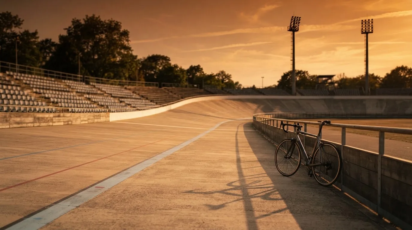 Un estadio de fútbol vacío con torres de iluminación al atardecer