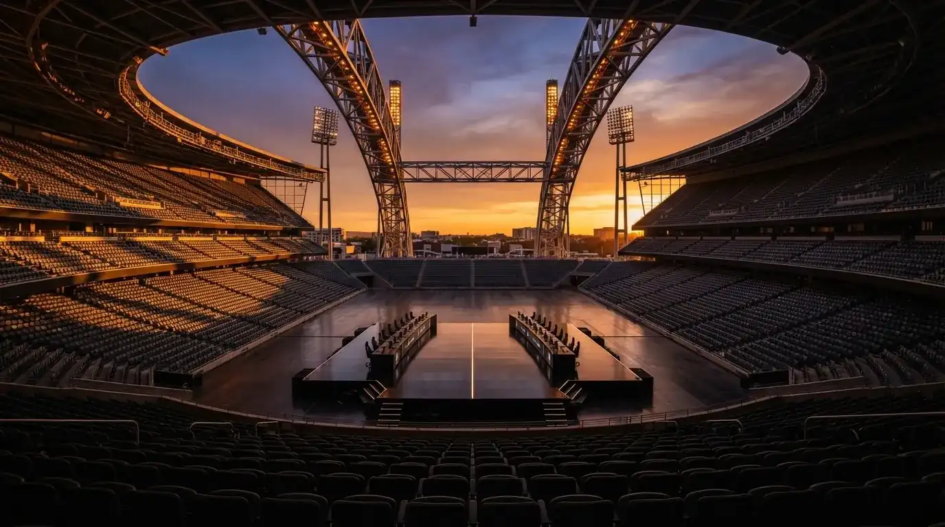 Un estadio de fútbol vacío con torres de iluminación al atardecer