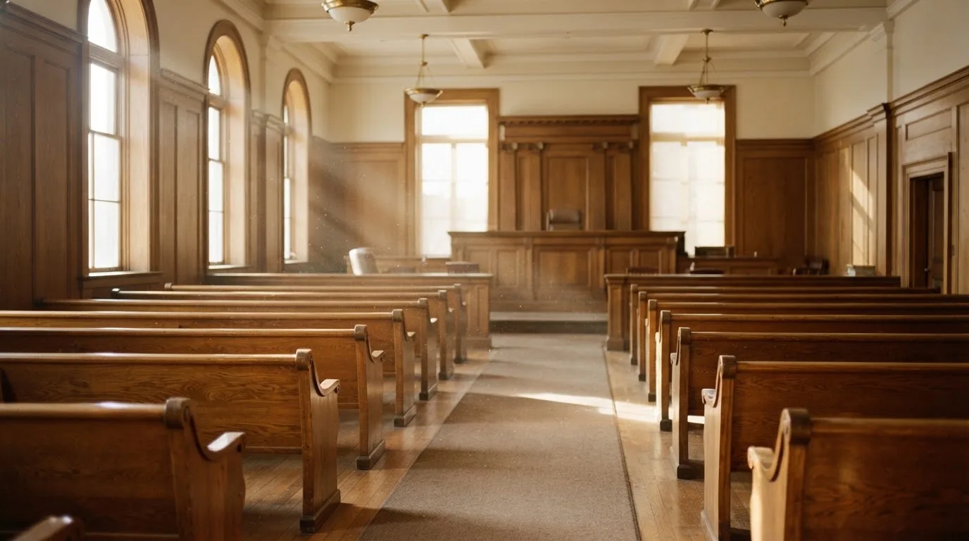 Una sala de tribunal vacía con bancos de madera a la luz de la mañana