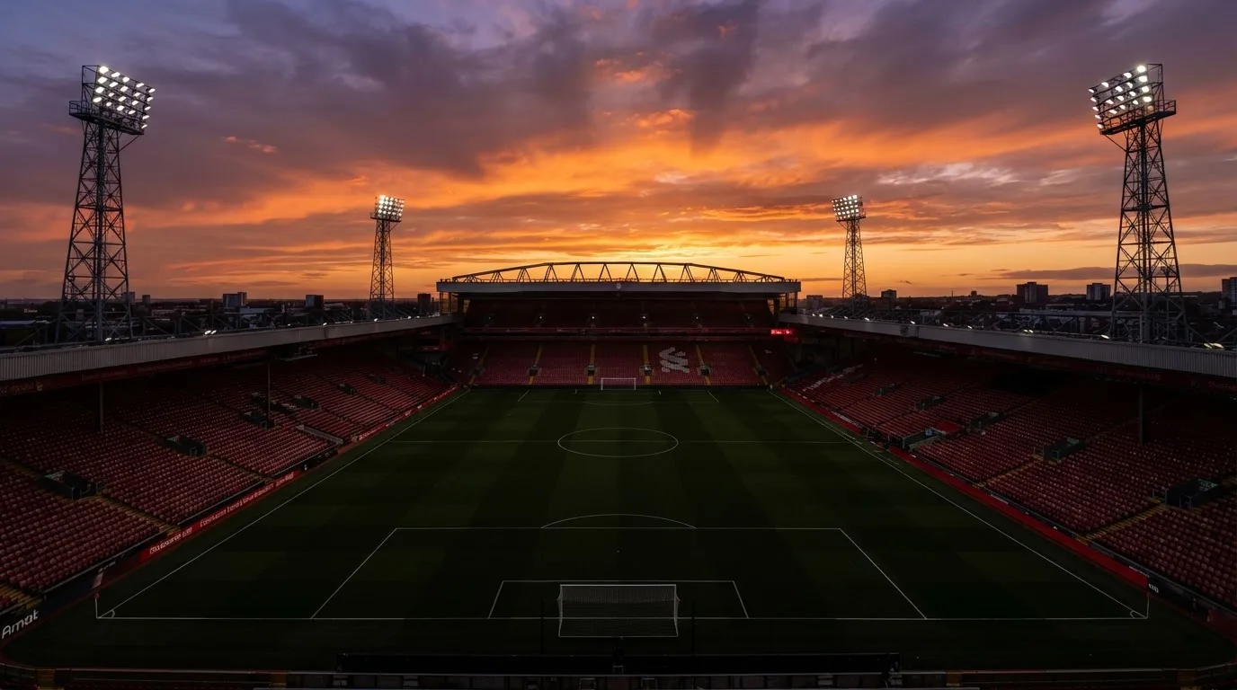 Un estadio de fútbol vacío con torres de iluminación al atardecer