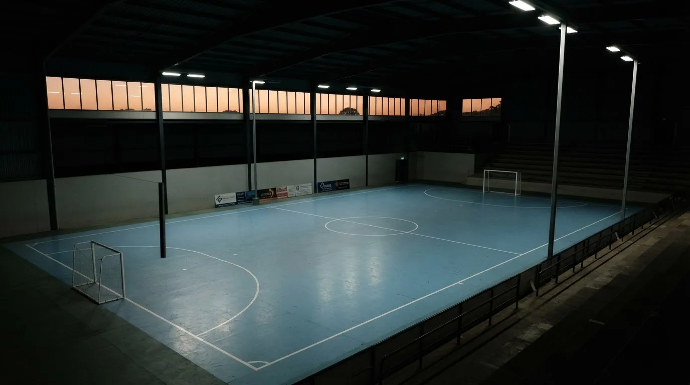 Un estadio de fútbol vacío con torres de iluminación al atardecer