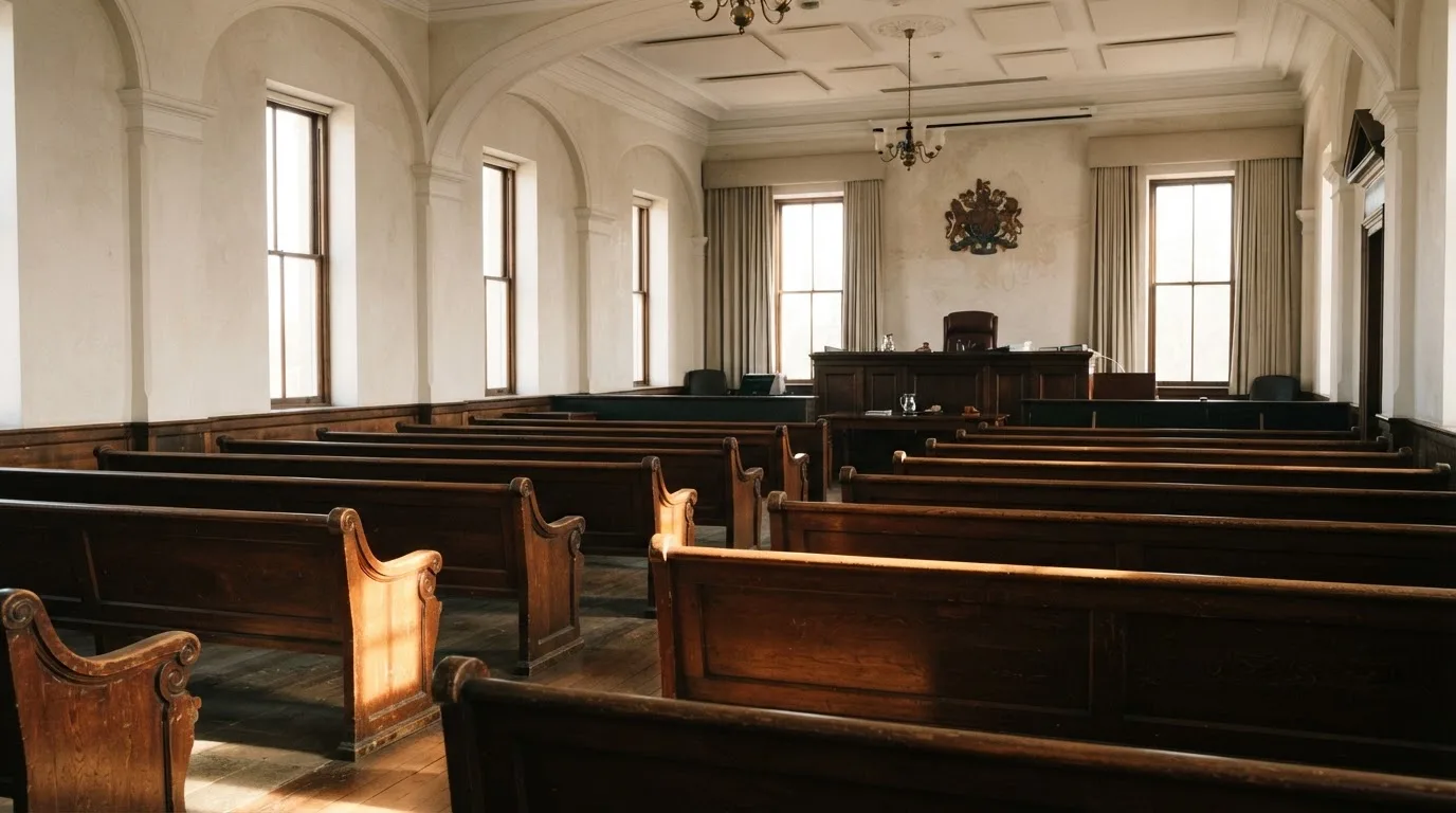 Una sala de tribunal vacía con bancos de madera a la luz de la mañana