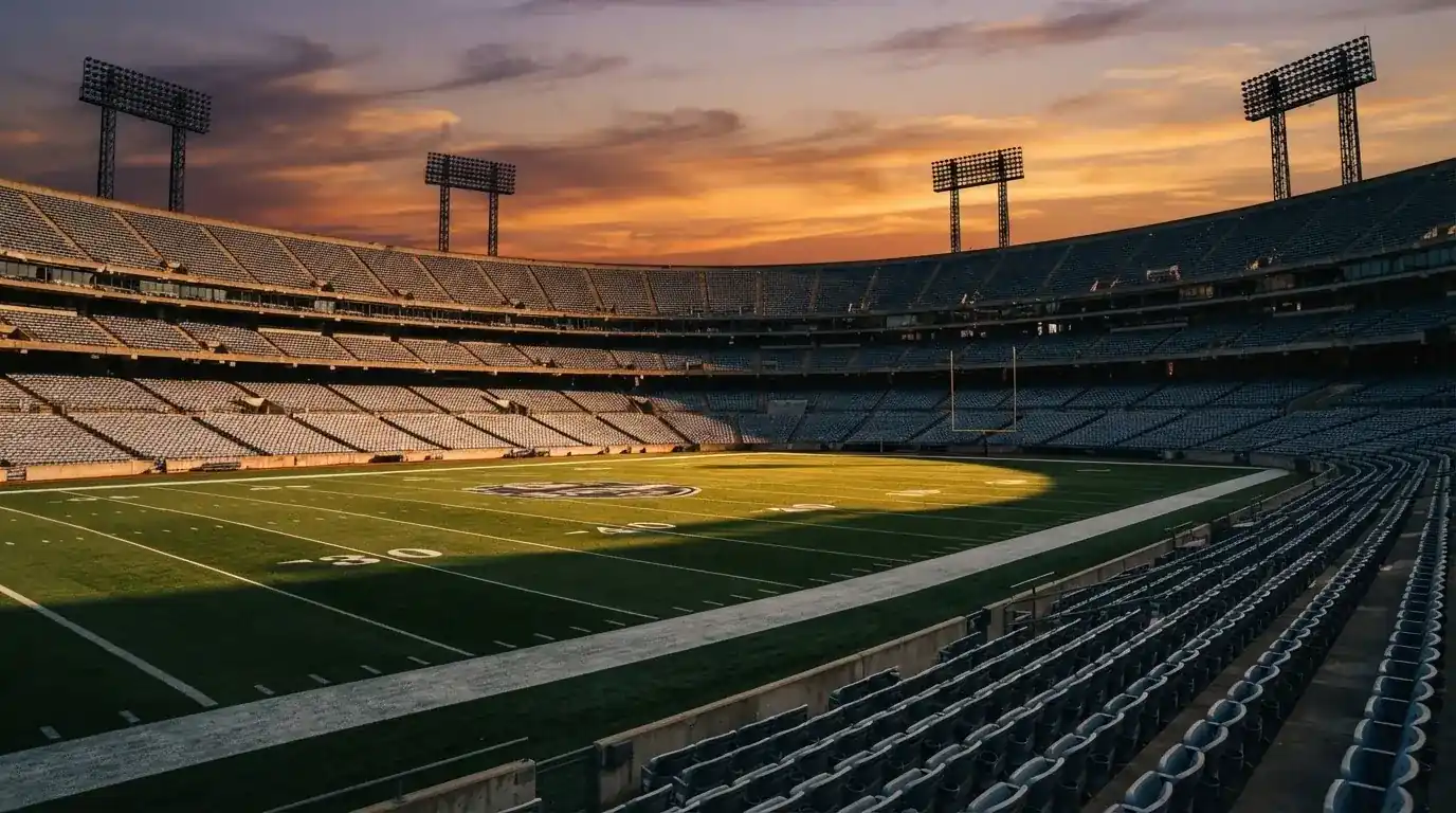 Un estadio de fútbol vacío con torres de iluminación al atardecer