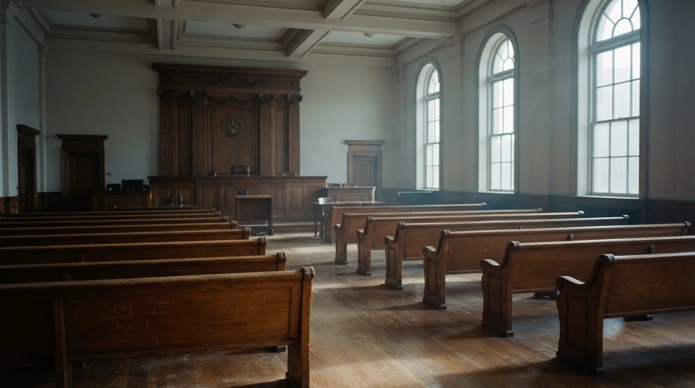 Una sala de tribunal vacía con bancos de madera a la luz de la mañana