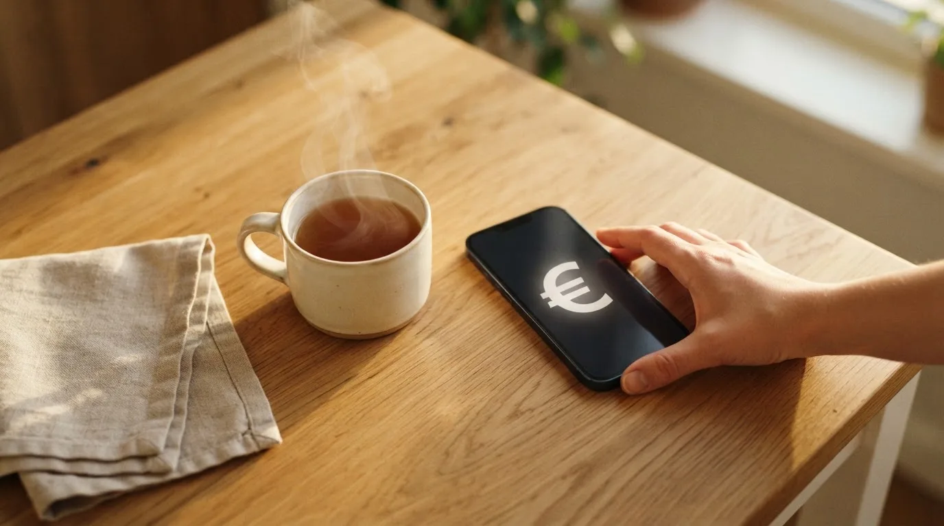 Una mano deja un móvil junto a una taza de té sobre la mesa de la cocina, una tarde tranquila
