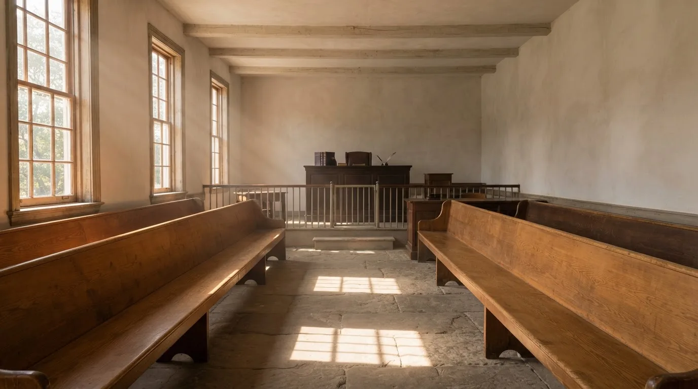 Una sala de tribunal vacía con bancos de madera a la luz de la mañana