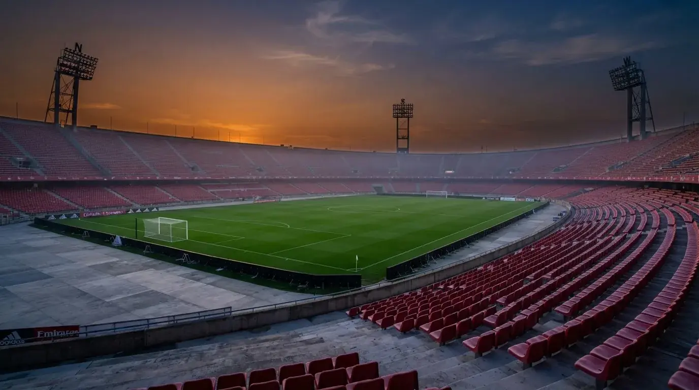 Un estadio de fútbol vacío con torres de iluminación al atardecer