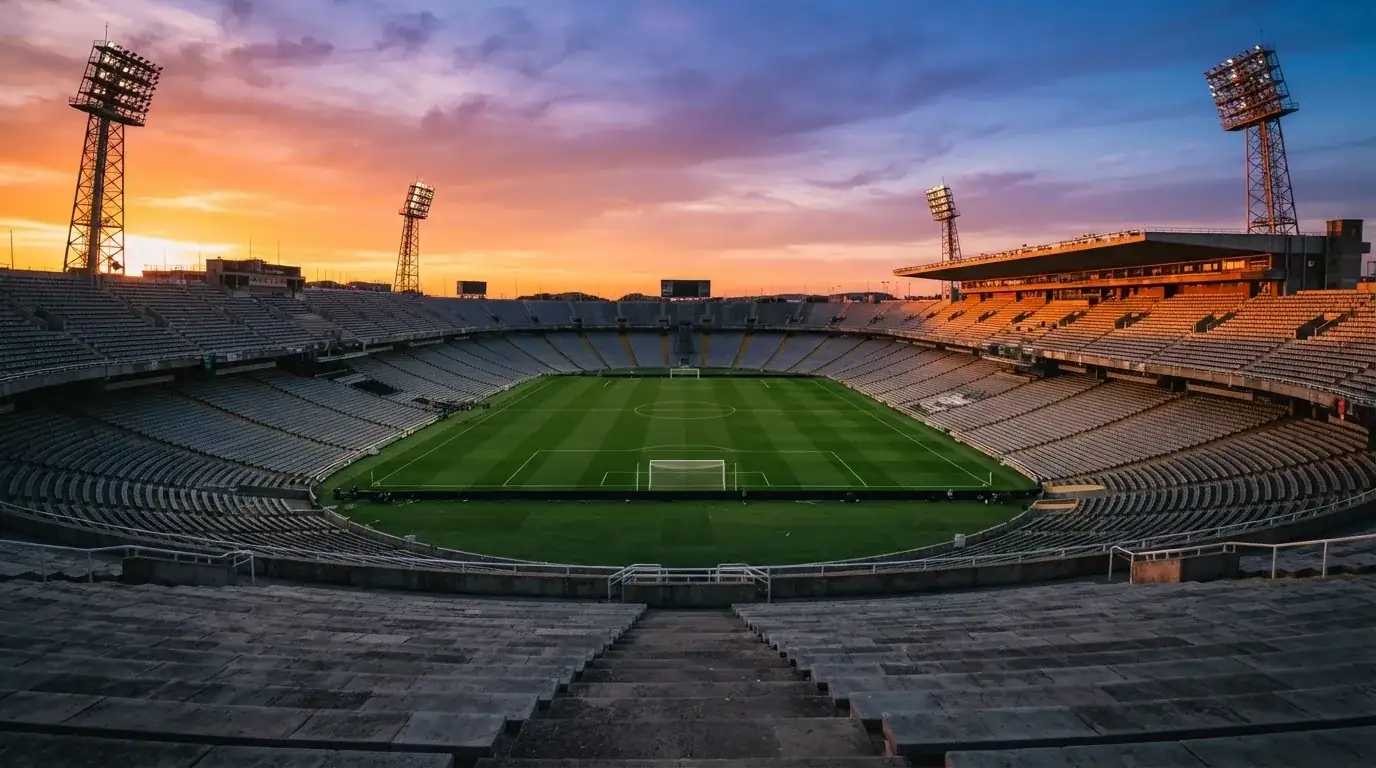 Un estadio de fútbol vacío con torres de iluminación al atardecer