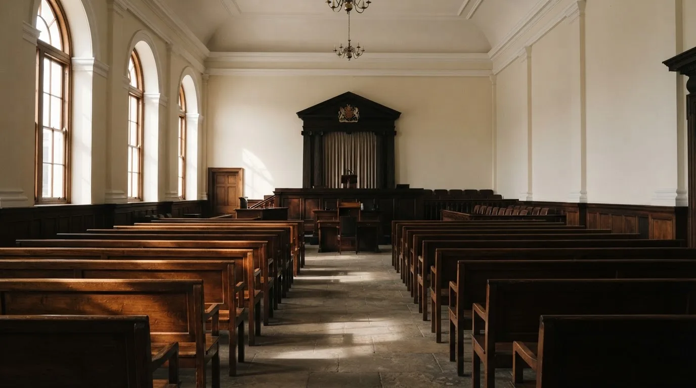 Una sala de tribunal vacía con bancos de madera a la luz de la mañana