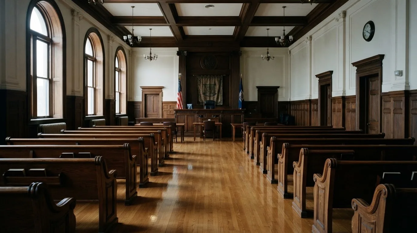 Una sala de tribunal vacía con bancos de madera a la luz de la mañana