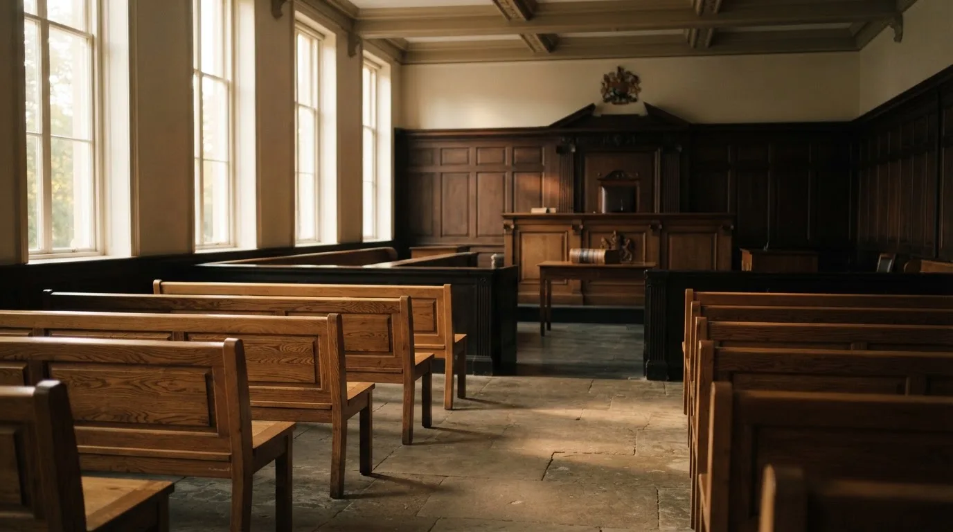 Una sala de tribunal vacía con bancos de madera a la luz de la mañana