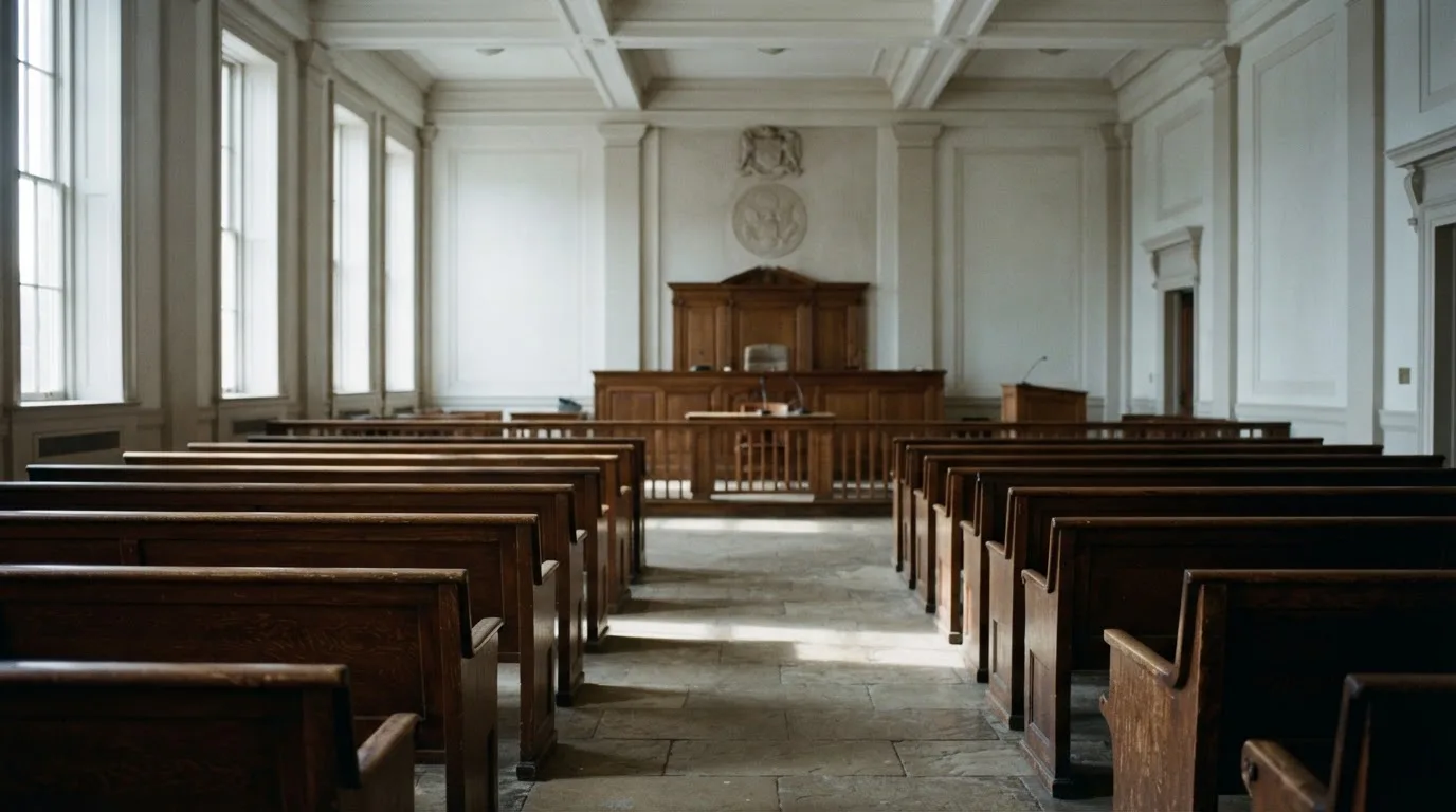 Una sala de tribunal vacía con bancos de madera a la luz de la mañana