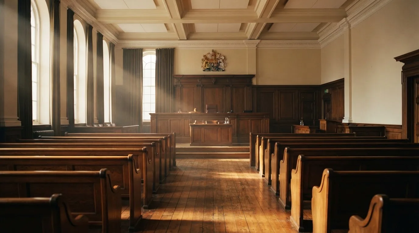 Una sala de tribunal vacía con bancos de madera a la luz de la mañana
