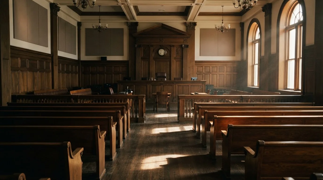 Una sala de tribunal vacía con bancos de madera a la luz de la mañana