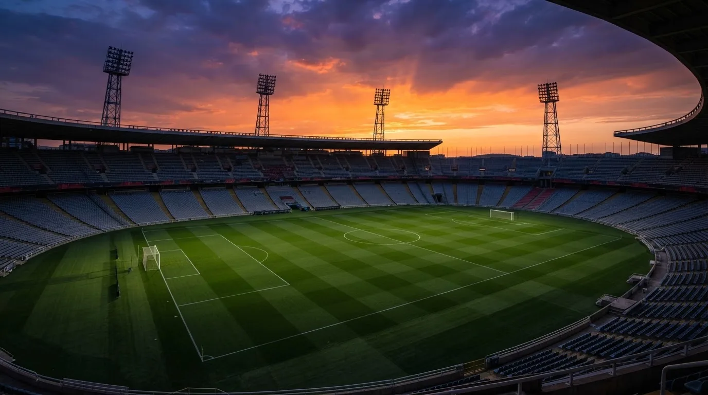 Un estadio de fútbol vacío con torres de iluminación al atardecer