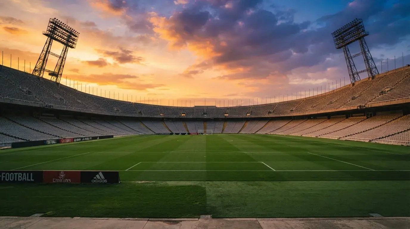Un estadio de fútbol vacío con torres de iluminación al atardecer