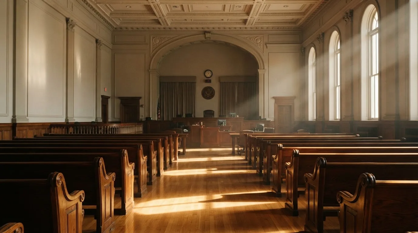 Una sala de tribunal vacía con bancos de madera a la luz de la mañana