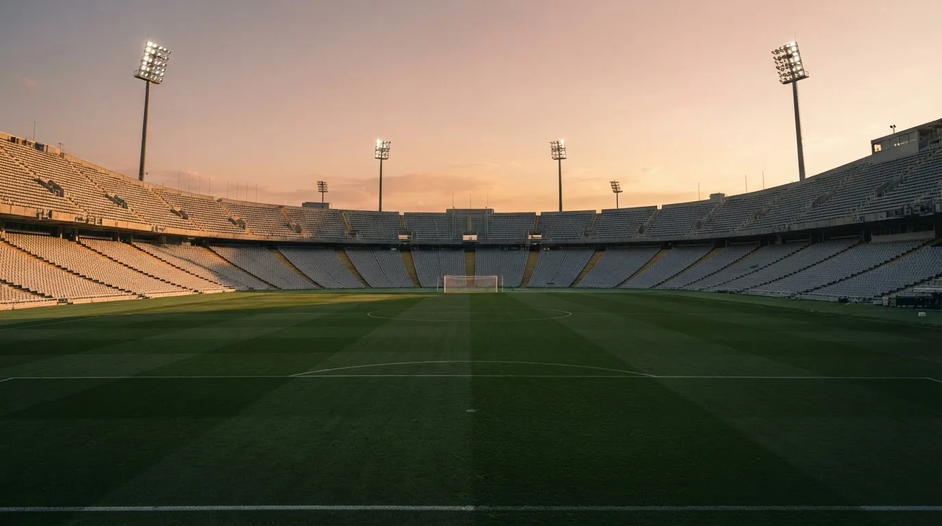Un estadio de fútbol vacío con torres de iluminación al atardecer