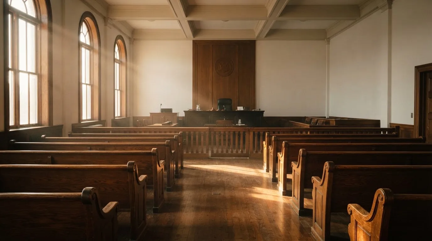 Una sala de tribunal vacía con bancos de madera a la luz de la mañana