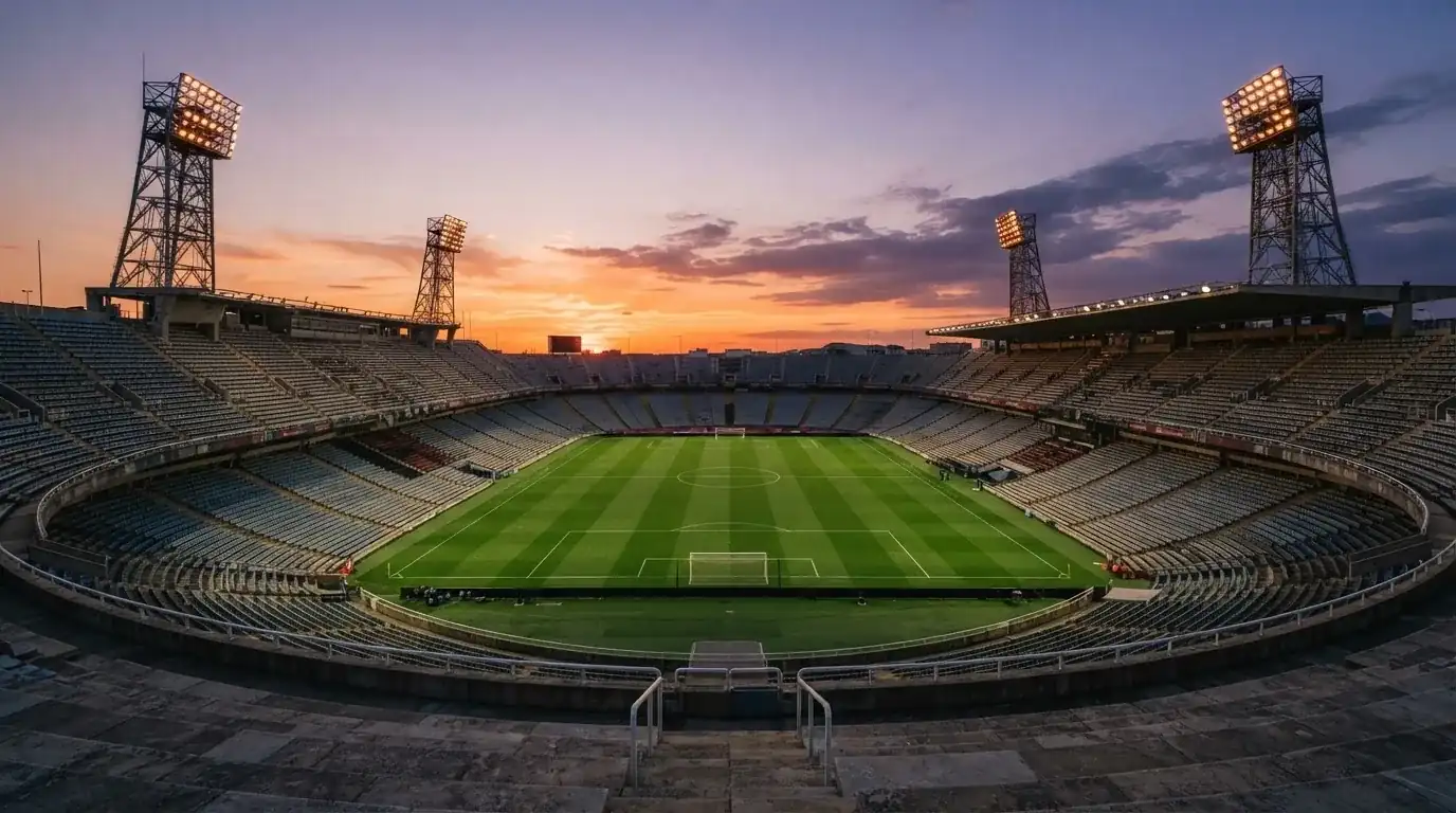 Un estadio de fútbol vacío con torres de iluminación al atardecer