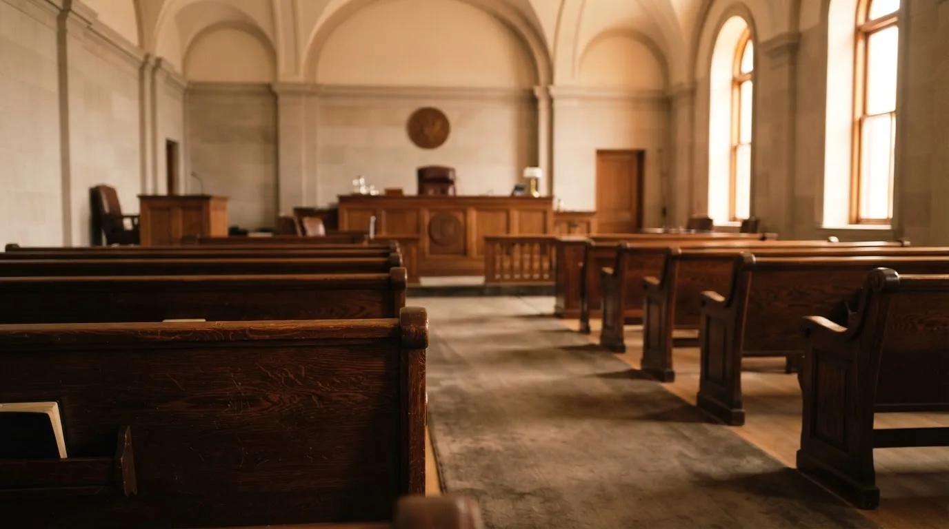 Una sala de tribunal vacía con bancos de madera a la luz de la mañana
