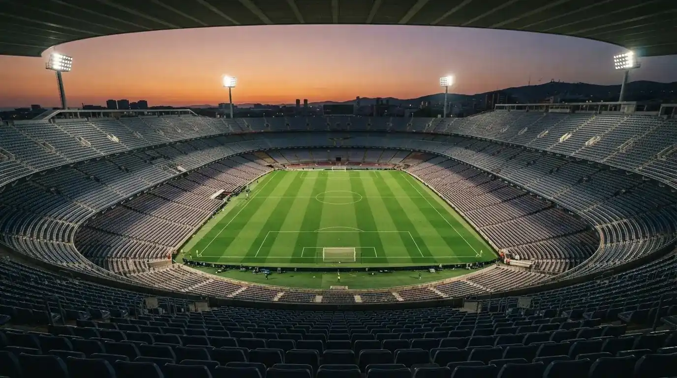 Un estadio de fútbol vacío con torres de iluminación al atardecer