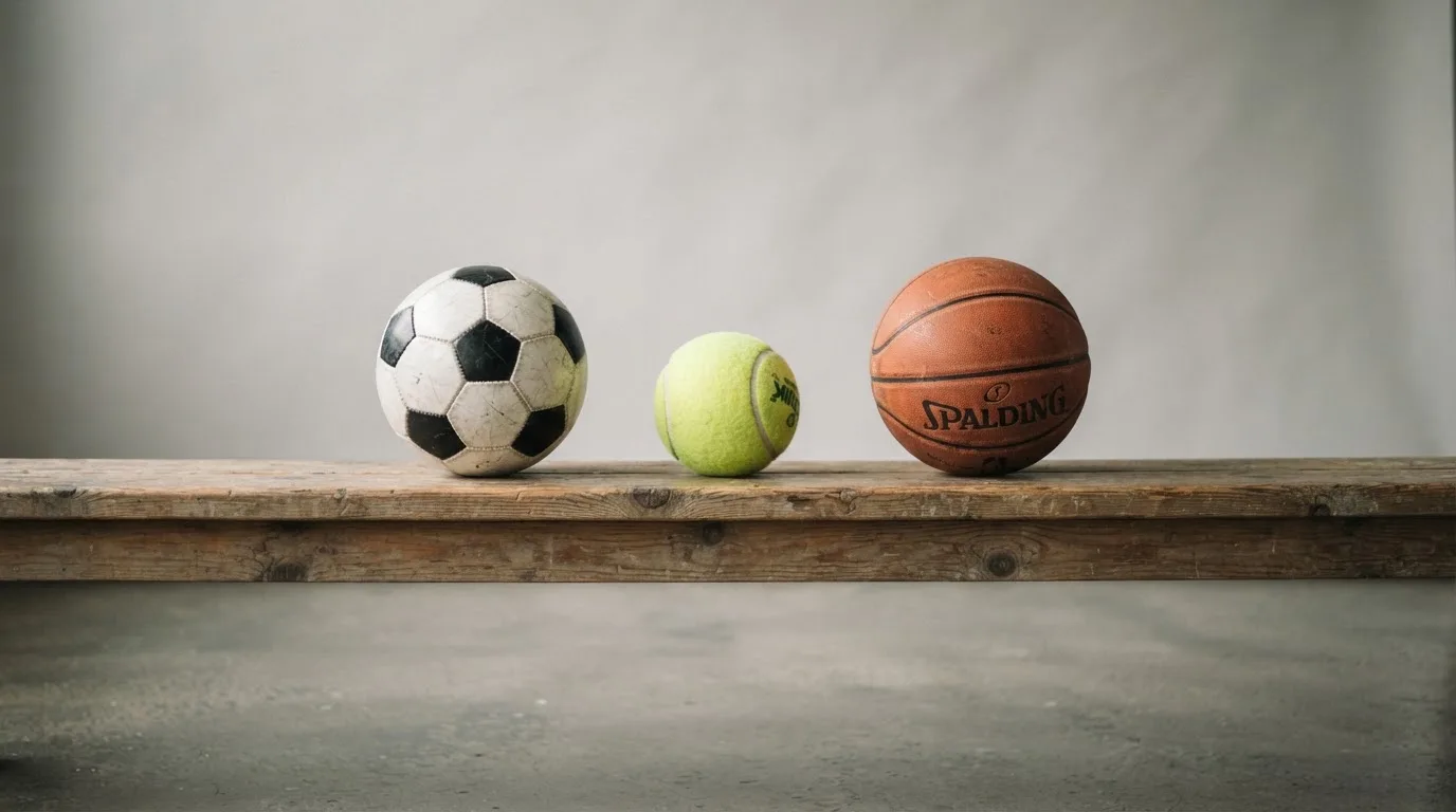Tres balones de distintos tipos, uno junto a otro, sobre un banco de madera