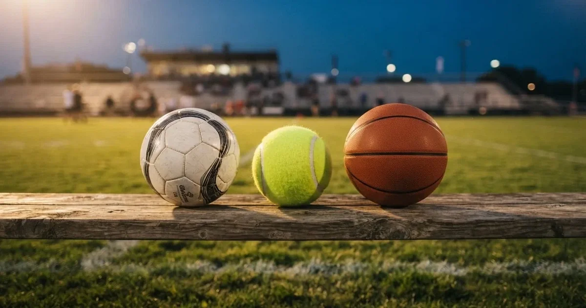 Tres balones de distintos tipos, uno junto a otro, sobre un banco de madera
