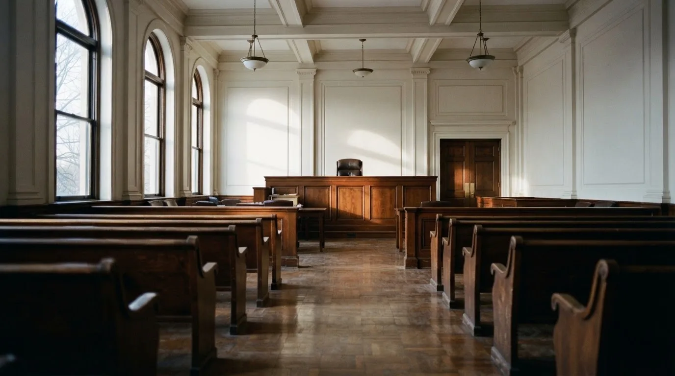 Una sala de tribunal vacía con bancos de madera a la luz de la mañana